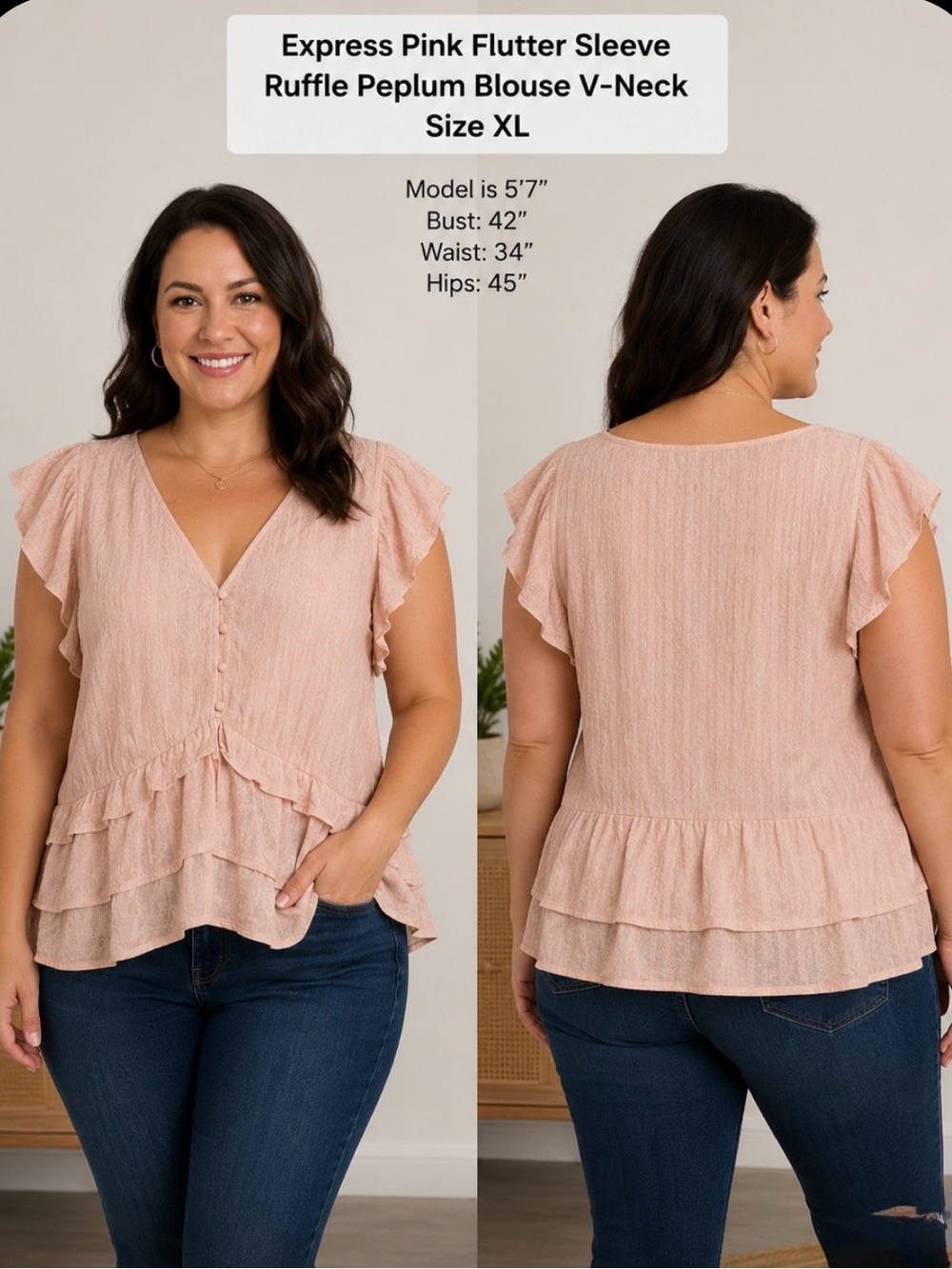 Express Pink Flutter Sleeve Ruffle Peplum Blouse V-Neck Boho Top Size xl